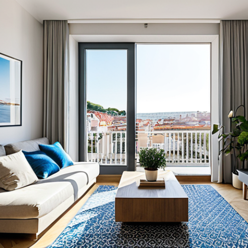 Modern Lisbon Apartment Living Room**

"A bright and airy living room in a modern Lisbon apartment, featuring clean lines, minimalist decor, and a neutral color palette with pops of azulejo-inspired blue. Sunlight streams through large windows, showcasing a comfortable sofa with textured cushions, a sleek coffee table, and potted plants. The room has a view of the Tagus River in the background. fully clothed, safe for work, appropriate content, professional interior design photography, perfect anatomy, natural proportions, high quality."

**