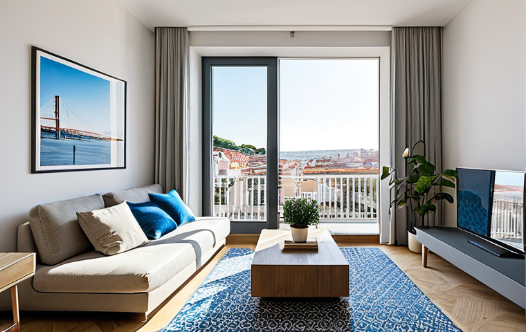 Modern Lisbon Apartment Living Room**

"A bright and airy living room in a modern Lisbon apartment, featuring clean lines, minimalist decor, and a neutral color palette with pops of azulejo-inspired blue. Sunlight streams through large windows, showcasing a comfortable sofa with textured cushions, a sleek coffee table, and potted plants. The room has a view of the Tagus River in the background. fully clothed, safe for work, appropriate content, professional interior design photography, perfect anatomy, natural proportions, high quality."

**