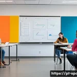 Home 19 공간디자인 실기시험 준비법 - A modern interior design classroom scene showing a diverse group of adult students attentively learn...
